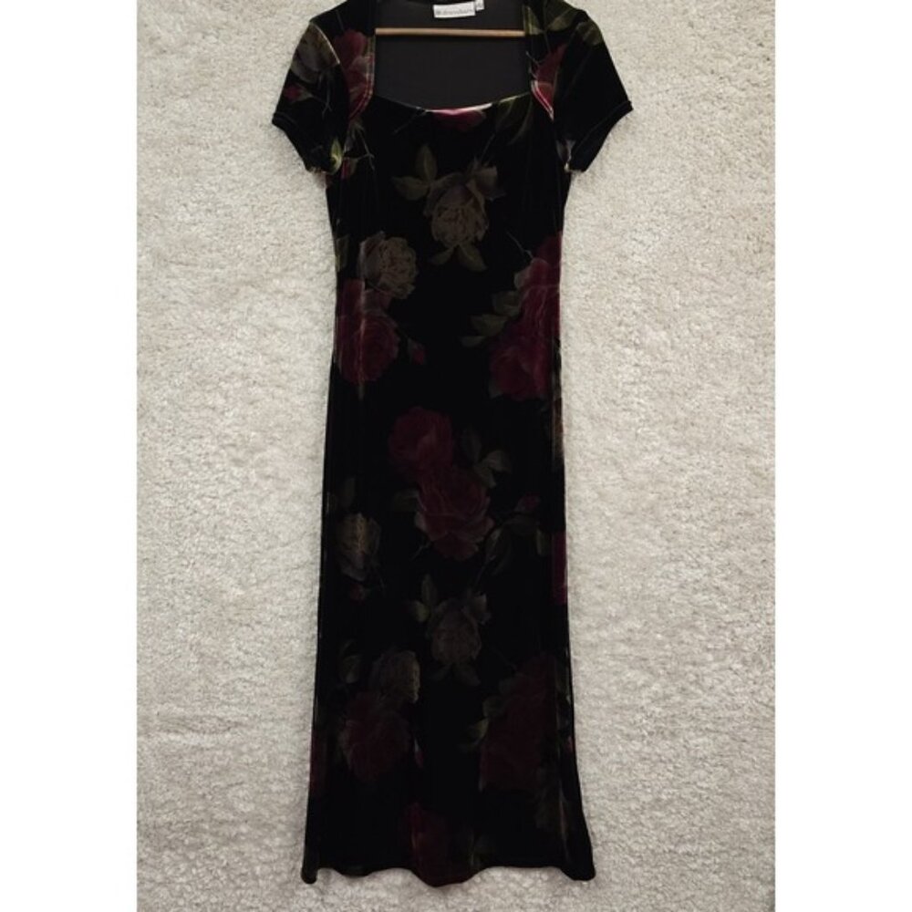 Dressbarn Velvet Dress Women 8 Black Floral Stretch Square Neck
